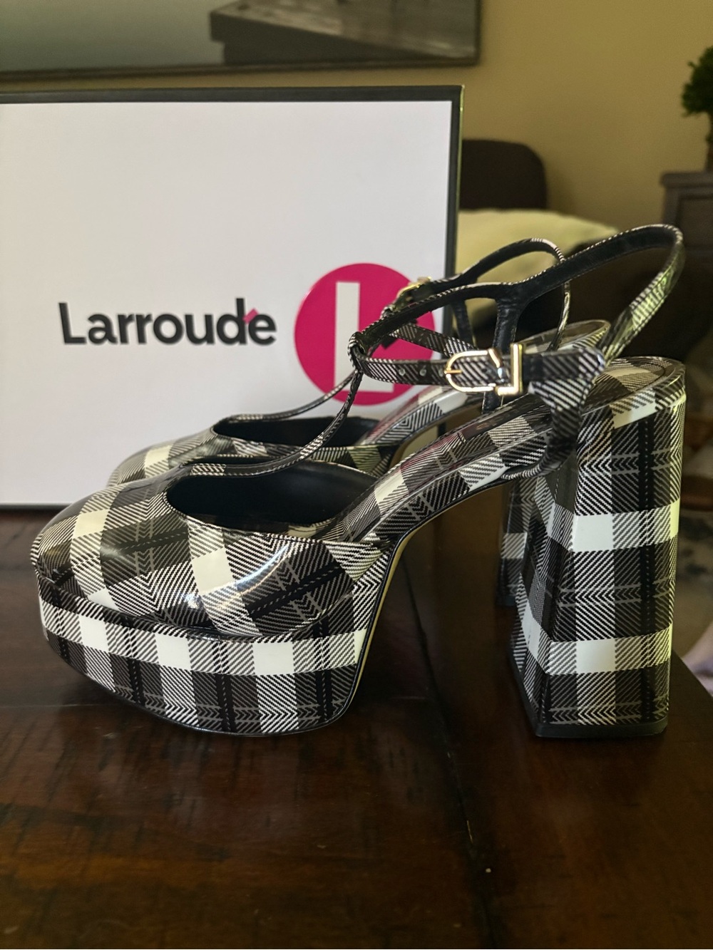 Larroude Black and White Plaid Platform Block Heel Sandals with Ankle Strap